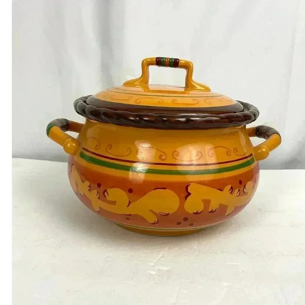 Stoneware Tuscan 3 Quart Bean Pot Casserole with Lid Microwave Oven Safe‎